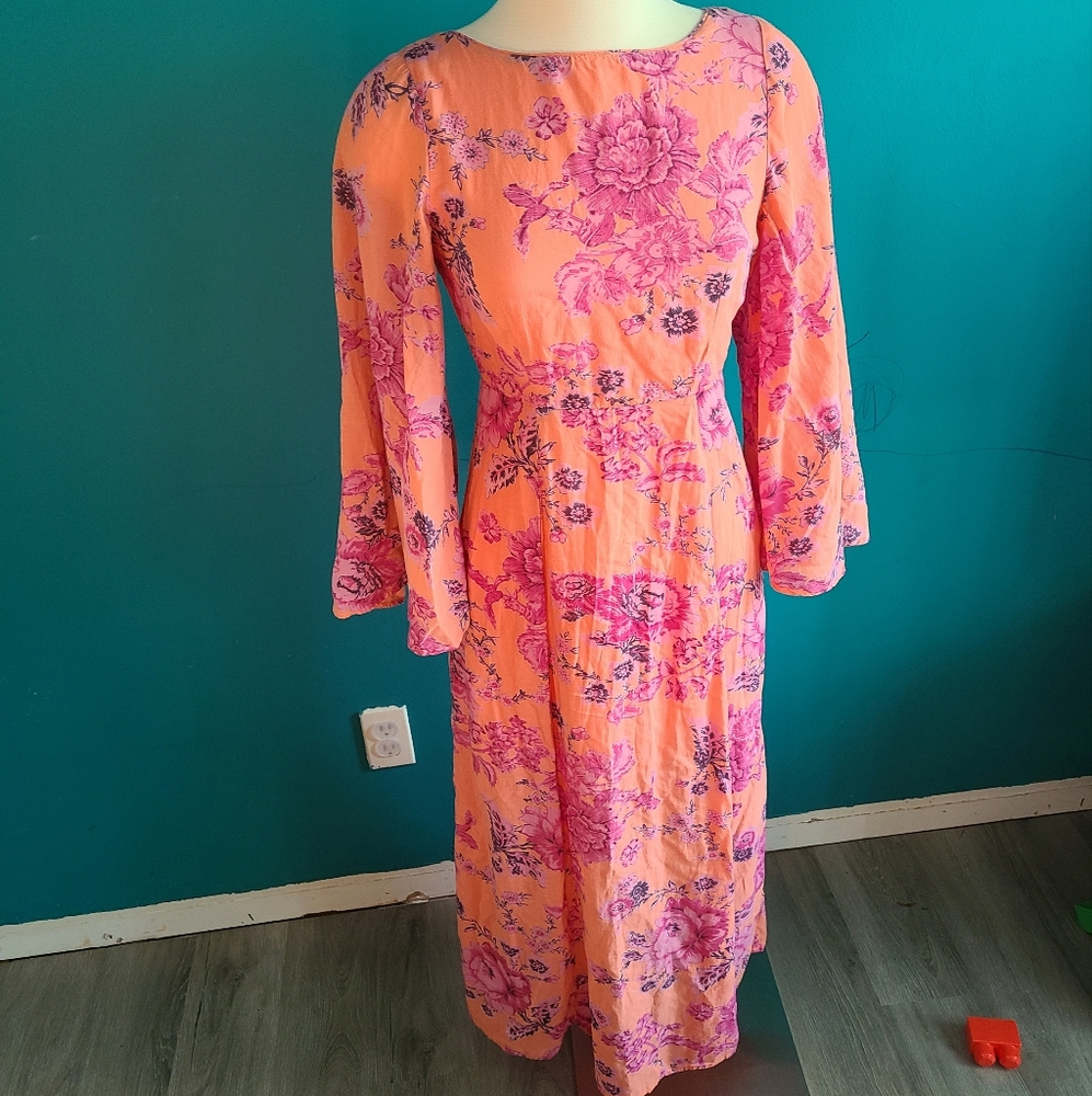 EUC Free People Melrose Dress with Flared Sleeves in Clementine-Size 0 XS